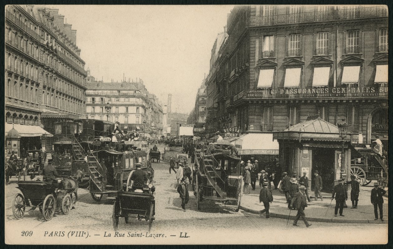 पेरिस में Rue Saint-Lazare का चित्रण पोस्टकार्ड, c.1900 (फोटोलिथो) द्वारा फ्रेंच फोटोग्राफर