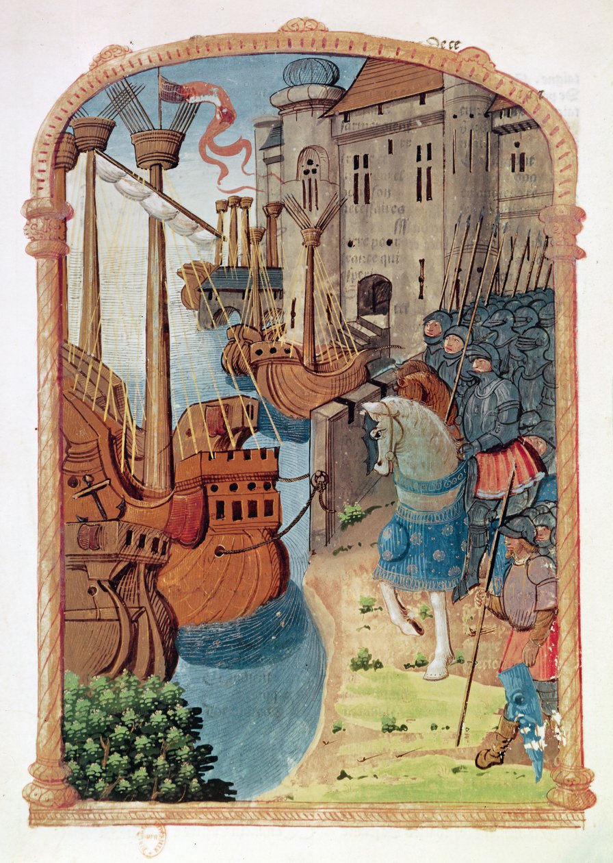 8378 वेलिन 745 f.1 घोड़े की पीठ पर शूरवीर, c.1350s द्वारा फ्रेंच स्कूल
