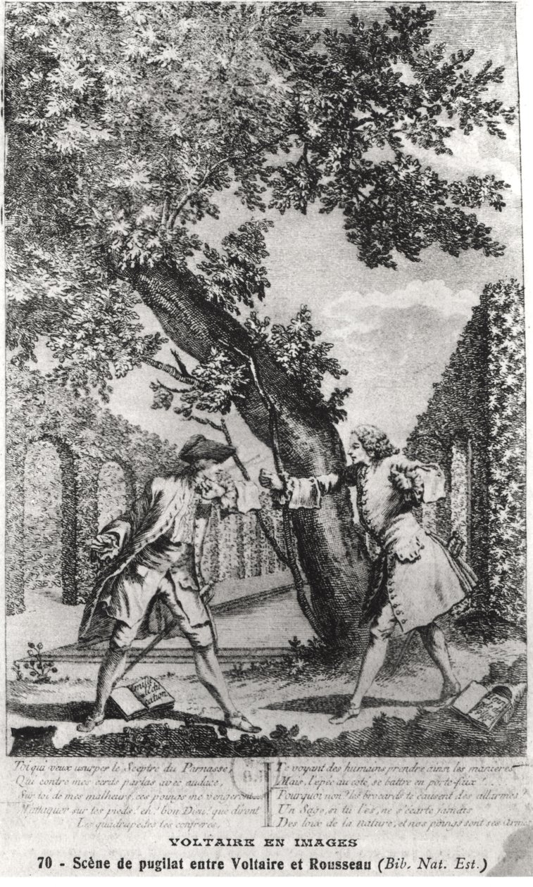 जीन-जैक्स रूसो (1712-78) और वोल्टेयर (1694-1778) के बीच तर्क द्वारा फ्रेंच स्कूल