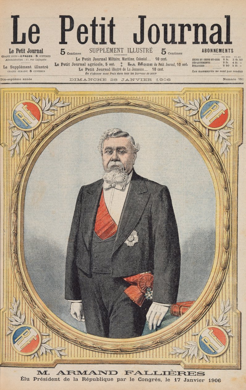 आर्मंड फालिएर्स (1841-1931) 17 जनवरी 1906 को कांग्रेस द्वारा रिपब्लिक (1906-13) के अध्यक्ष चुने गए, ले पेटिट जर्नल से 28 जनवरी 1906 का चित्र द्वारा फ्रेंच स्कूल