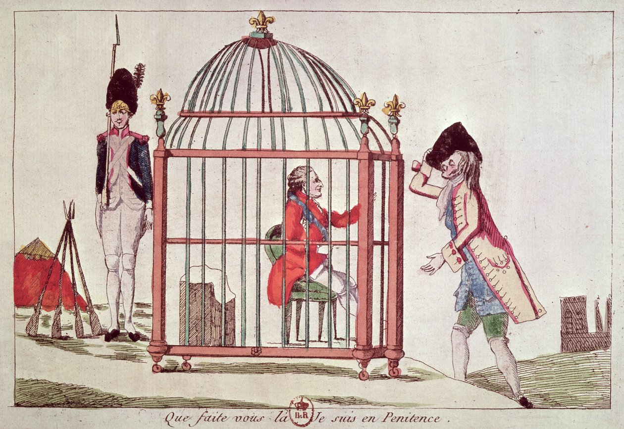 लुइस XVI का कैरिकेचर (1754-93) 1791 में वेरेनेस की गिरफ्तारी के बाद एक पिंजरे में द्वारा फ्रेंच स्कूल