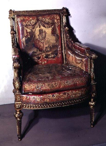 नक्काशीदार कुर्सी, टेपेस्ट्री में असबाबवाला, c.1780 (सोने की लकड़ी) द्वारा फ्रेंच स्कूल