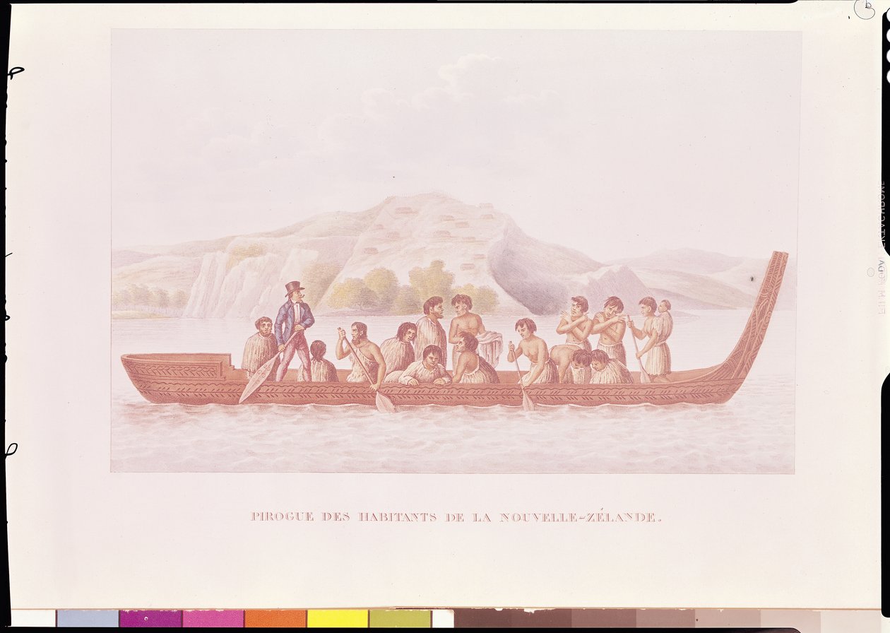 न्यूजीलैंड के मूल निवासी डगआउट कैनो, लुईस इस्दोर डुपररी (1786-1865) द्वारा &39;कार्वेट ला कोक्विले में दुनिया भर की यात्रा&39; का चित्रण। द्वारा फ्रेंच स्कूल