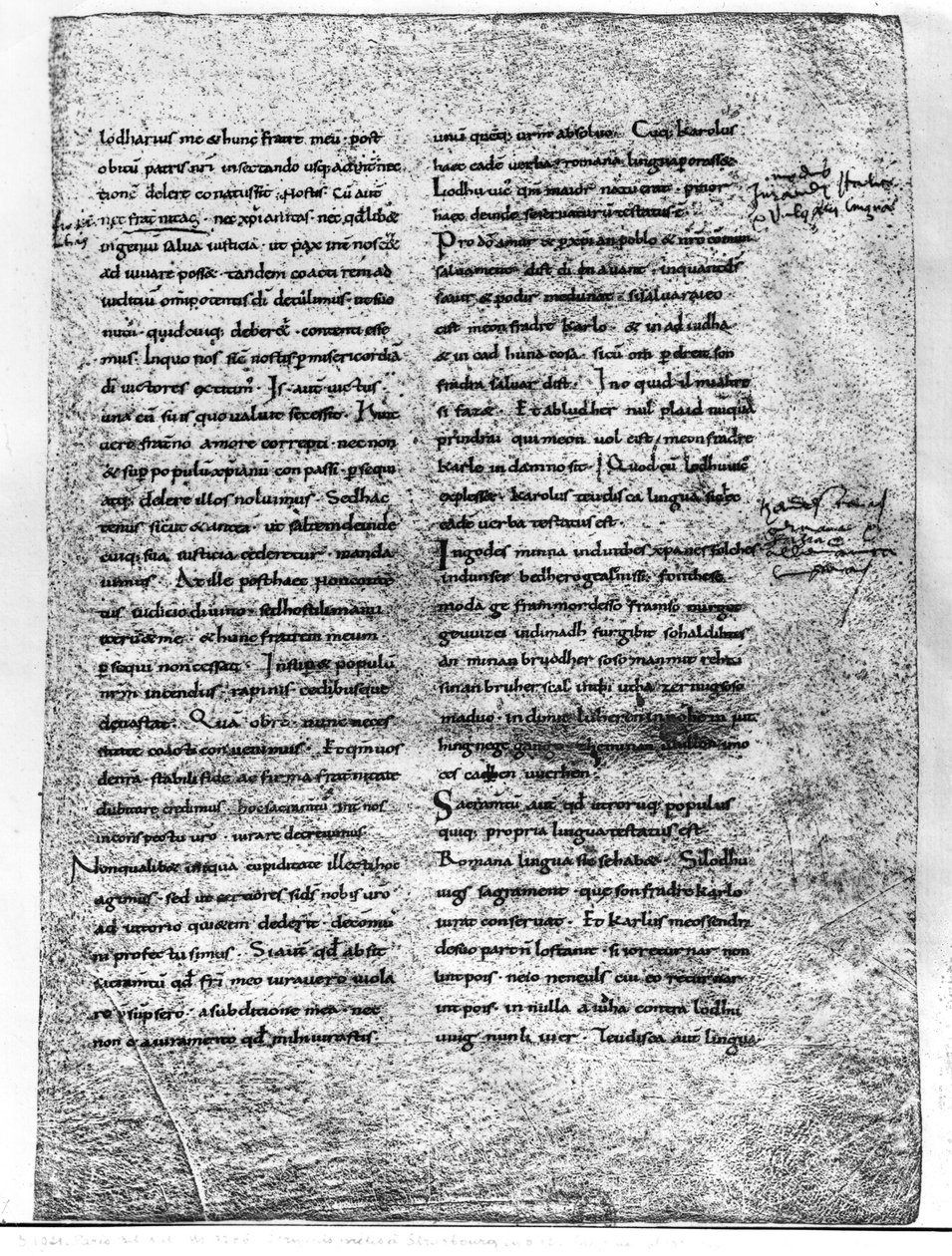 सुश्री 9786 fol.135 स्ट्रैसबर्ग की शपथ की प्रतिलिपि, चार्ल्स बाल्ड द्वारा शपथ ली (823-877) और लुइस द जर्मन (c.804-876) 842 द्वारा फ्रेंच स्कूल