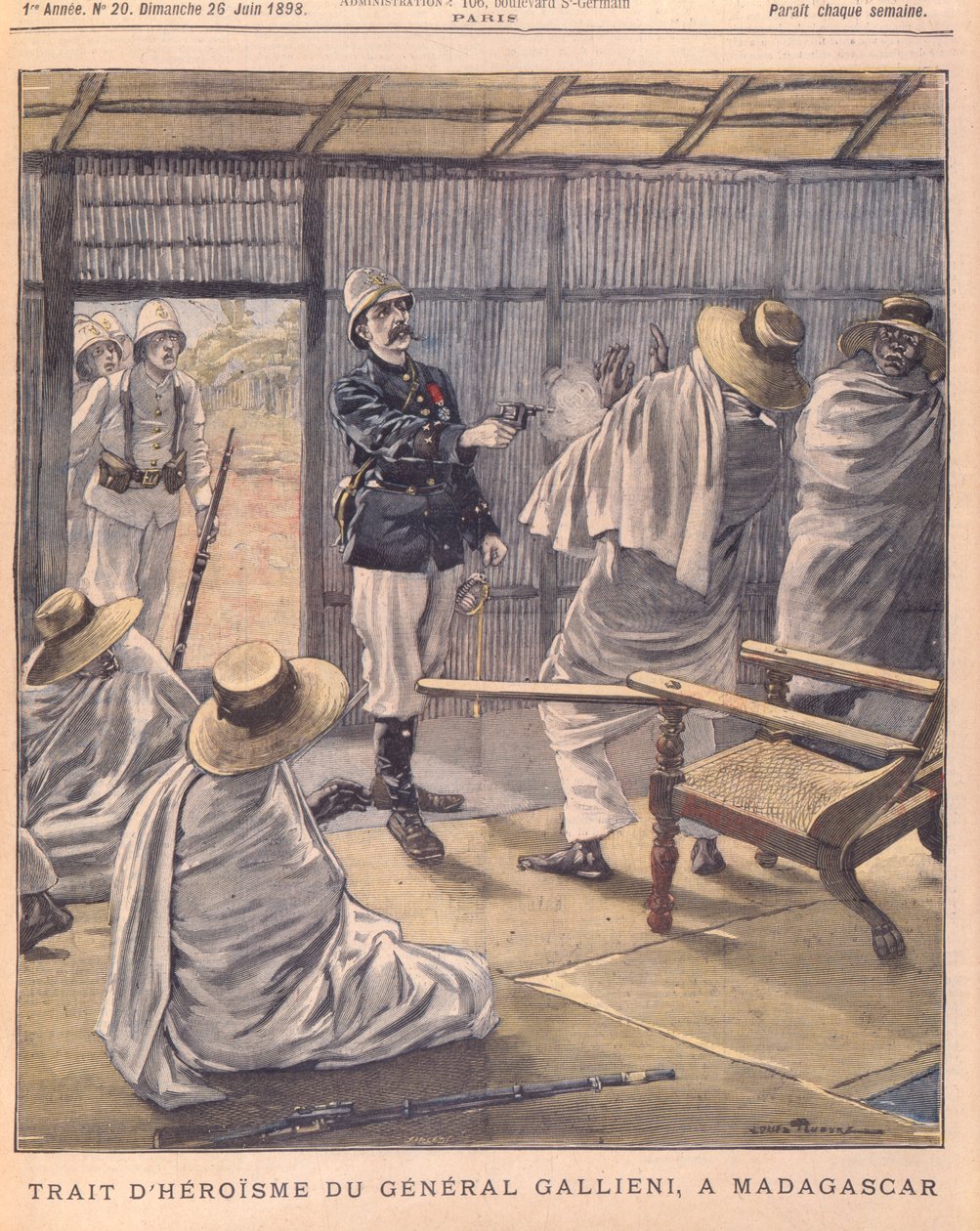26 जून 1898 को ली पेटिट जर्नल के कवर, मेडागास्कर में जनरल गैलिसिस वीर द्वारा फ्रेंच स्कूल