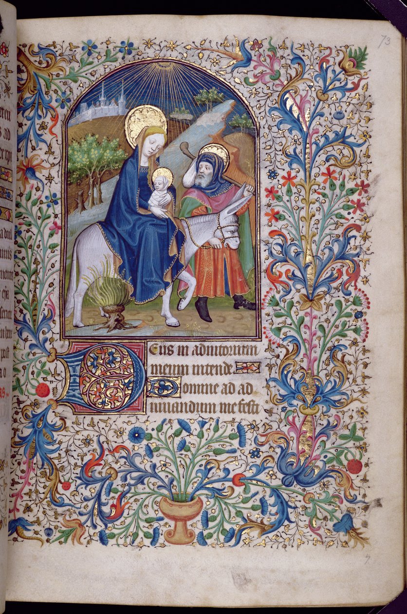 Ms 63 f.73r बेथलहम से उड़ान, घंटे की किताब से, c.1460 द्वारा फ्रेंच स्कूल