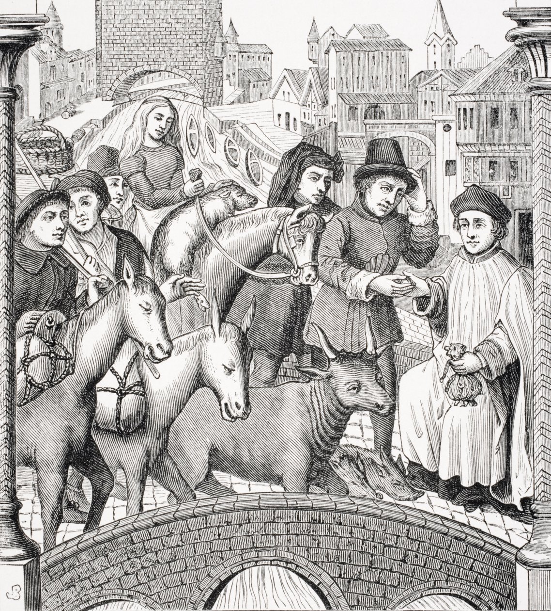 पॉल लैक्रोइक्स (1806-84) द्वारा 1847 में प्रकाशित &39;द मिडल एज़्स एंड द रेनेसां&39; से पुल पर टोल का भुगतान द्वारा फ्रेंच स्कूल