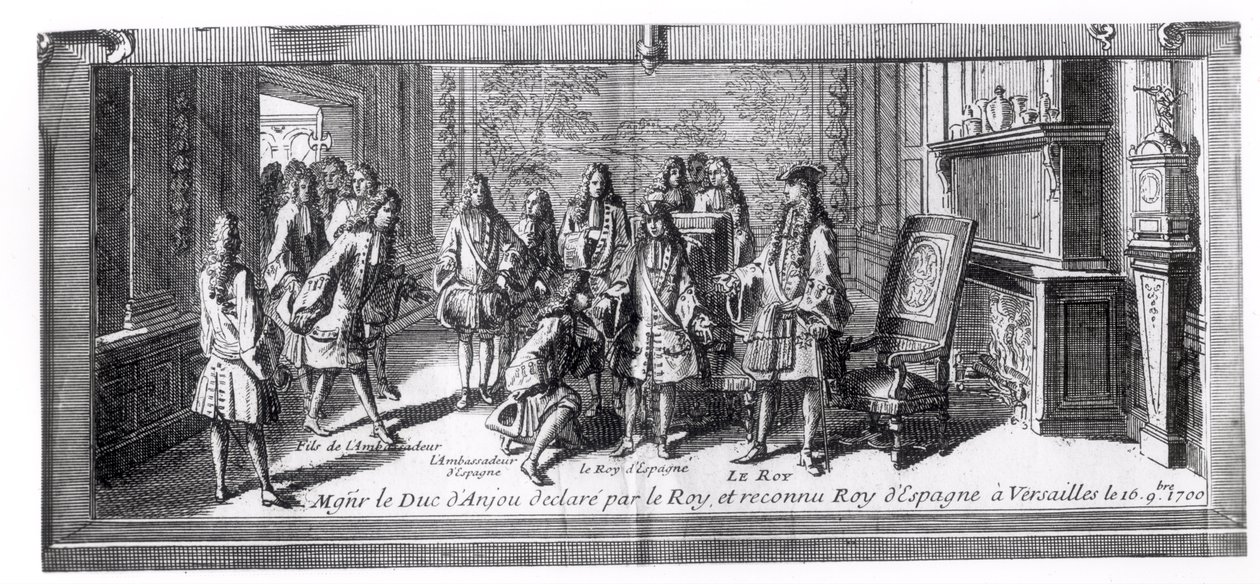फिलिप डी फ्रांस (1683-1746) ड्यूक ऑफ अंजु, लुई XIV द्वारा स्पेन के राजा के रूप में मान्यता प्राप्त (1638-1715) फ्रांस के राजा, 16 सितंबर 1700, वर्साय में द्वारा फ्रेंच स्कूल