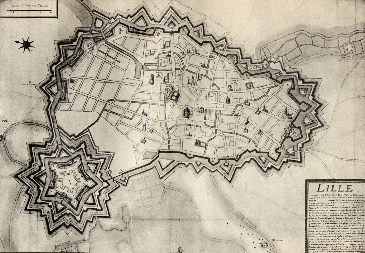 1670 के आसपास लिले का मानचित्र और किलेबंदी, &39;मेमोइर ऑफ चार्ल्स डी बत्ज़-केलसमोर काउंट डी&39; आर्टगन &39;, 1928 से प्रकाशित द्वारा फ्रेंच स्कूल