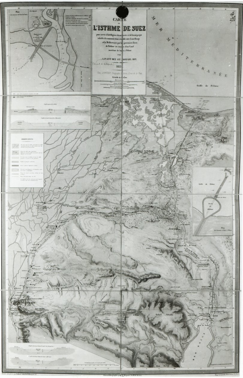 स्वेज नहर का प्रारंभिक मानचित्र, 1855 द्वारा फ्रेंच स्कूल