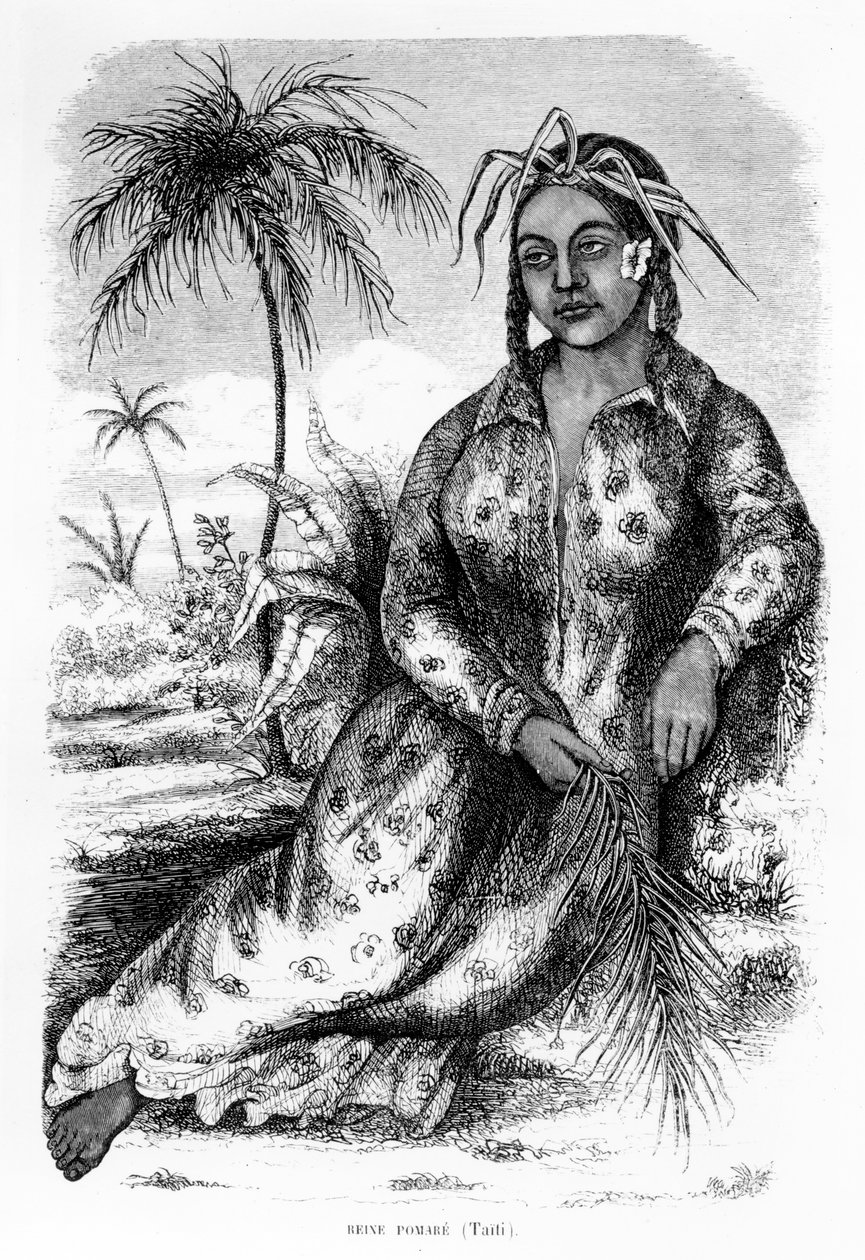 ताहिती की रानी पोमरे IV, यूजीन डेलेर्ट की &39;वॉयज इन द टू ओचेन्स&39;, 1848 से चित्रण द्वारा फ्रेंच स्कूल