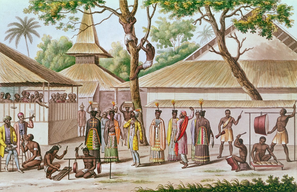 लुइस आइडोर डुपर्रे (1786-1865) द्वारा कावेरी, बुरु द्वीप में धार्मिक उत्सव, &39;जर्नी अराउंड द वर्ल्ड ऑन कार्वेट शेल (1822-25) द्वारा फ्रेंच स्कूल