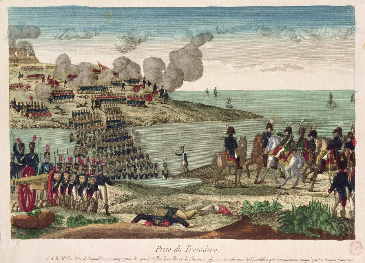 31-अगस्त 1823 को लुइस-एंटोनी डी फ्रांस (1775-1844) ड्यूक ऑफ अंगुलिमे द्वारा ट्रोकैड्रो की घेराबंदी द्वारा फ्रेंच स्कूल