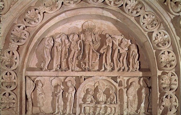 एम्मेंशन एंड द सपरर इन एम्मस, लेफ्ट हैंड पोर्टल का tympanum, c.1150 (चूना पत्थर) द्वारा फ्रेंच स्कूल