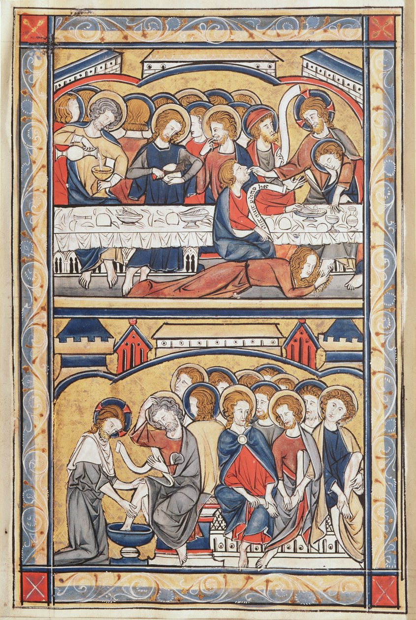 द लास्ट सपर एंड द वाशिंग ऑफ द फीट, c.1260 (तापक्रम पर सोने की पत्ती) द्वारा फ्रेंच स्कूल