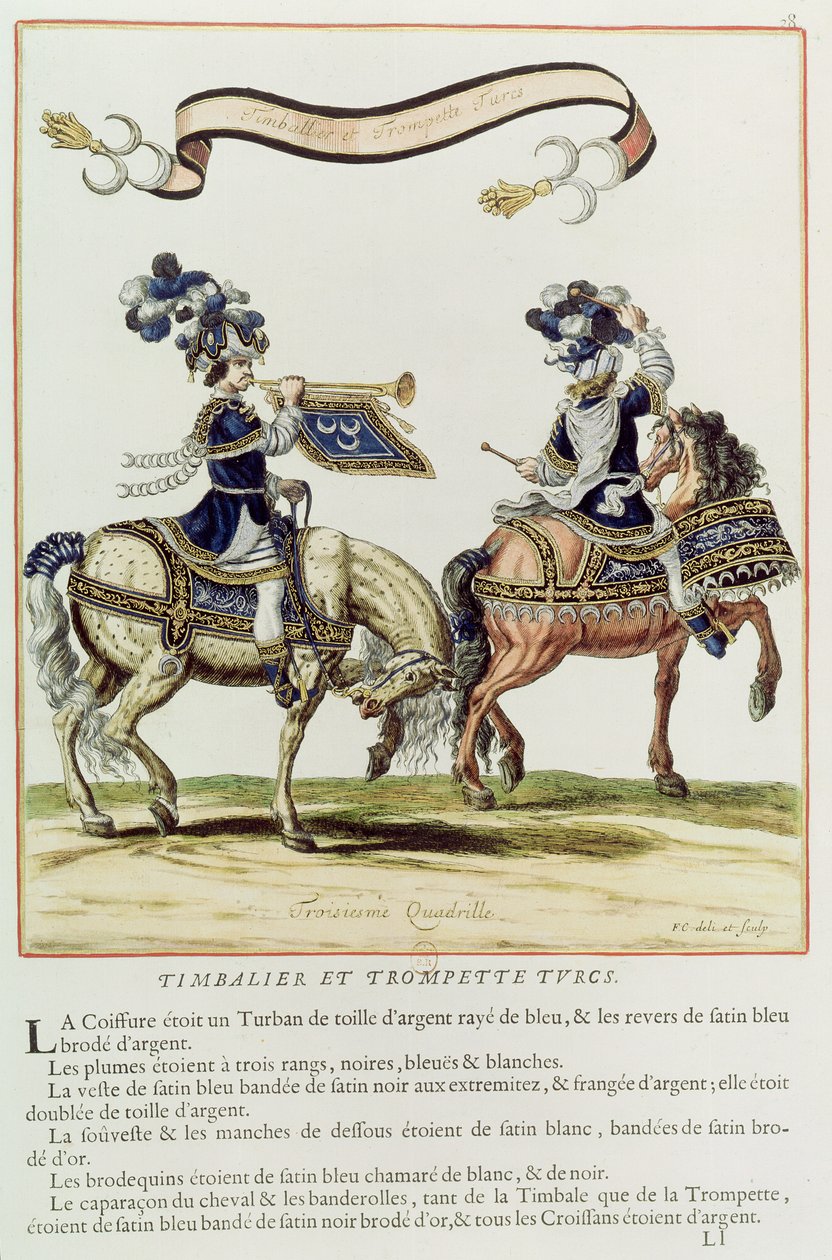 तुर्की ड्रमर और ट्रम्पिटर, 5 जून 1662 को तुलसी के सामने लुई XIV (1638-1715) द्वारा हिंडोला को देखते हुए द्वारा फ्रेंच स्कूल