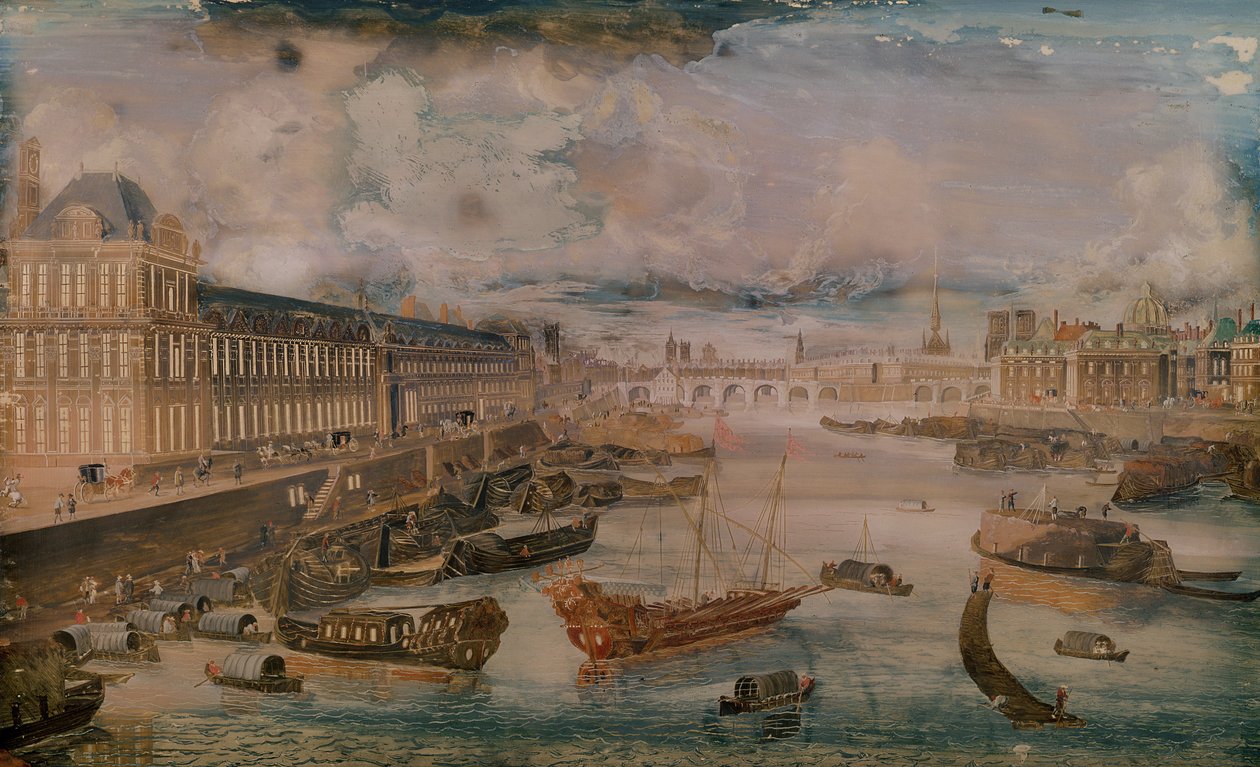 सीन का दृश्य, लौवर का ग्रांडे गैलेरी और कॉलेज डेस क्वाट्रे राष्ट्र, c.1680 द्वारा फ्रेंच स्कूल