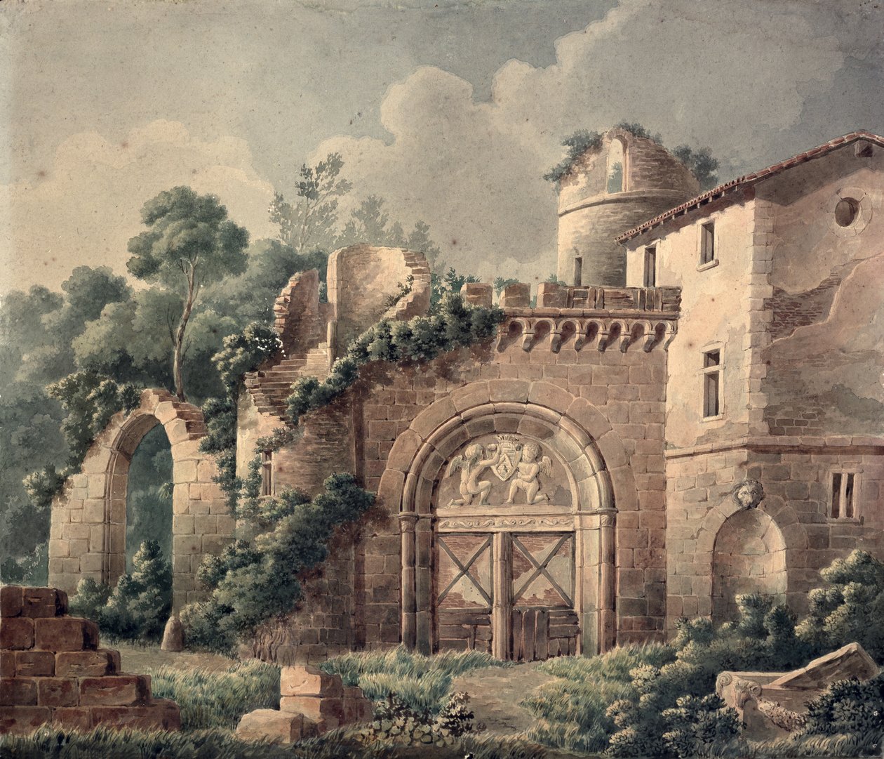 एक बर्बाद महल, c.1820 (कागज पर wc) द्वारा फ्रेंच स्कूल