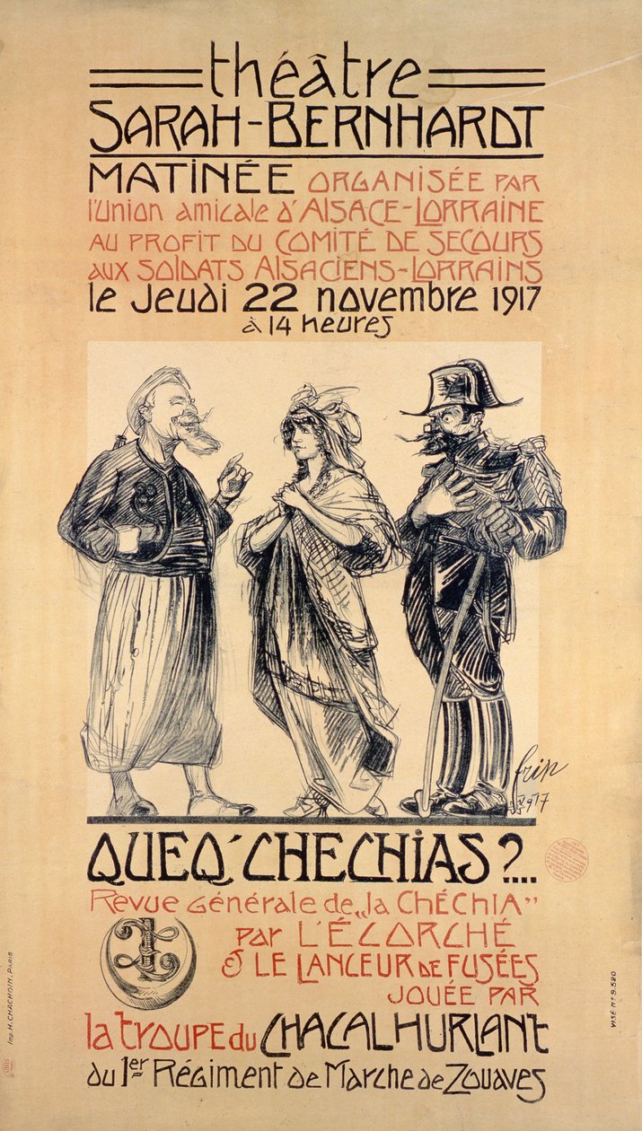 Alsace-Lorea, 1917 के सैनिकों की सहायता के लिए सारा बर्नहार्ट थिएटर, पेरिस में पोस्टर एडवांटेज मैटिनी प्रदर्शन द्वारा 'S FRIP
