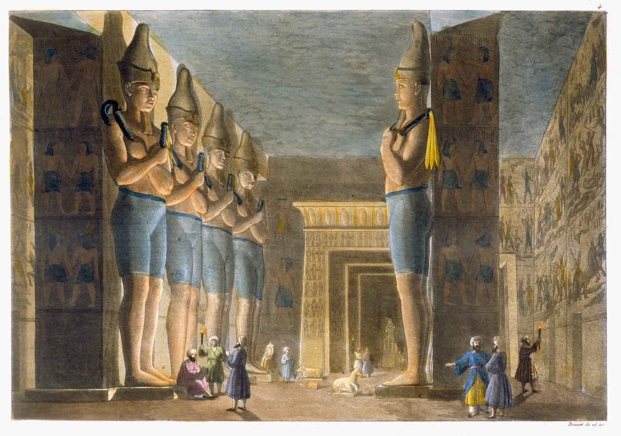 रामसेस II का मंदिर (1279-13 ई.पू.) अबू सिंबल, मिस्र, जूल्स फेरारियो द्वारा &39;ले कॉस्टयूम एंसिन एट मॉडर्न&39; से प्लेट 4, c.1820s-30s प्रकाशित द्वारा जी। ब्रामती