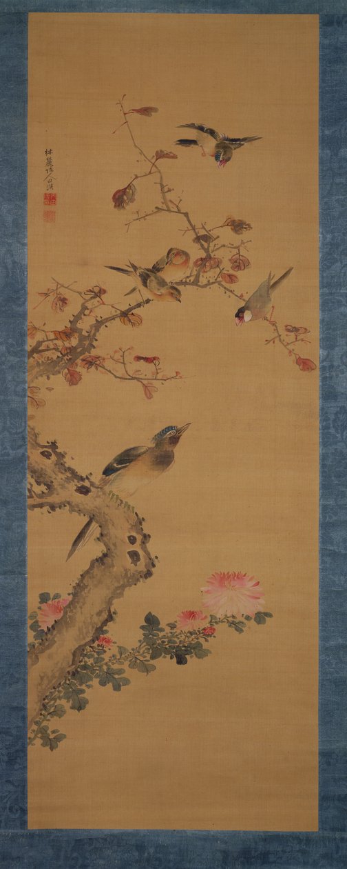 पक्षी, फूल और पेड़, c.1800-22 (रेशम पर स्याही और रंग) द्वारा जेंटाई सैनजिन