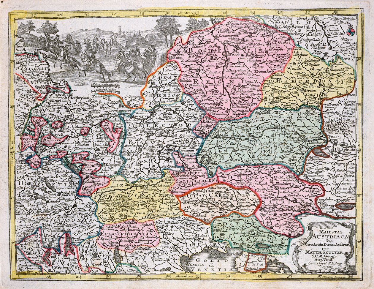 ऑस्ट्रियाई साम्राज्य का मानचित्र, c.1750 (रंग उत्कीर्णन) द्वारा जॉर्ज मैथ्यू सेटर