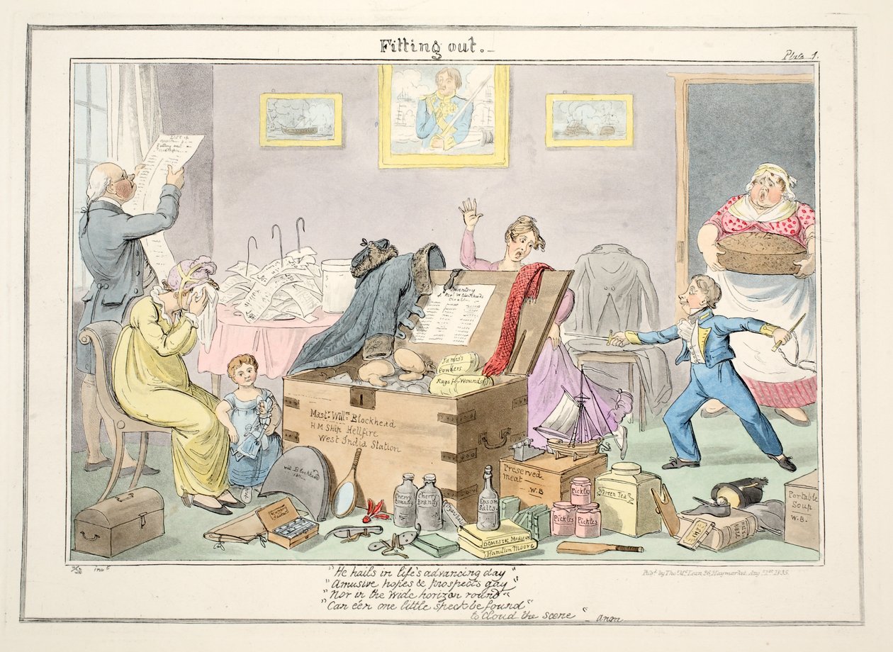 आउट ऑफ़ द आउट, द प्रोग्रेस ऑफ़ अ मिडशिपमैन, 1835 (हाथ से रंगा हुआ उत्कीर्णन) द्वारा जॉर्ज क्रूइशांक