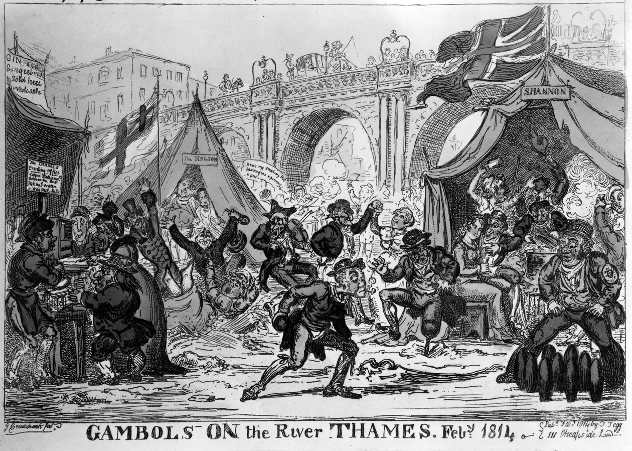 टेम्स नदी पर गाम्बोल, 1814 (हाथ से रंग की नक़्क़ाशी) द्वारा जॉर्ज क्रूइशांक