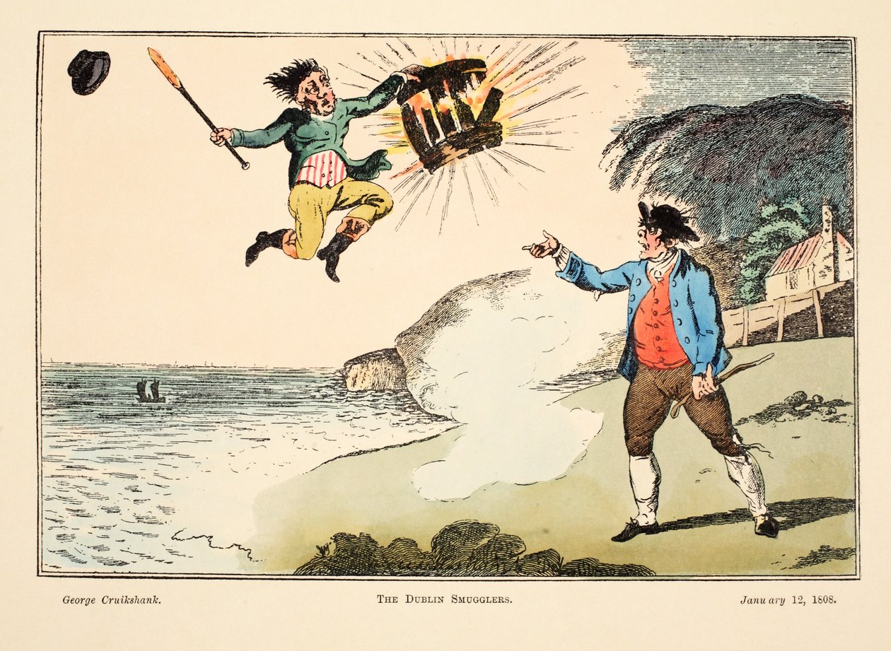 डबलिन तस्कर, 1808 (हाथ से सजी रंग की नक्काशी) द्वारा जॉर्ज क्रूइशांक