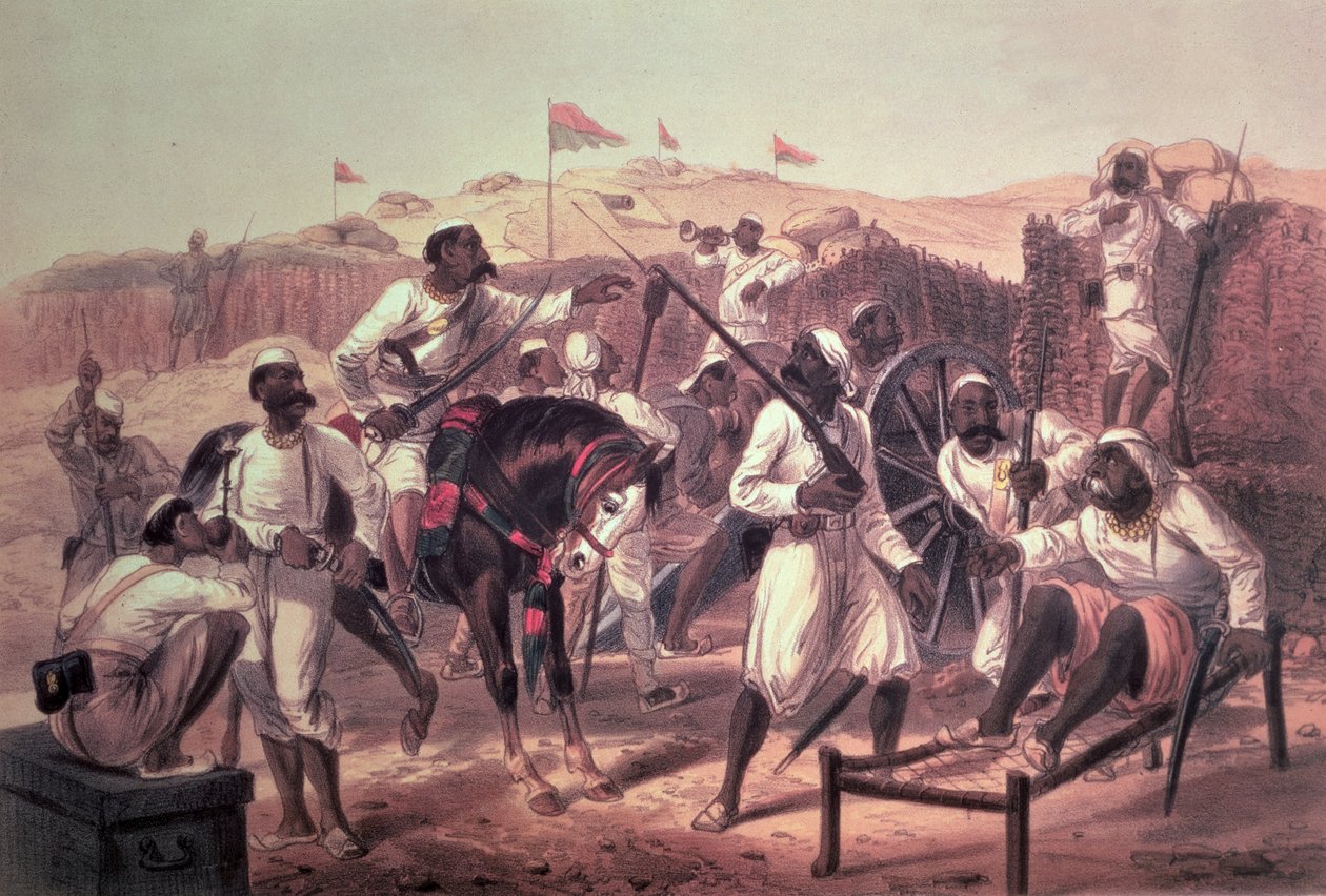 म्यूटिनस सिपाही, &39;द कैंपेन इन इंडिया 1857-58 द ग्रेट मटिनी के घटना काल के दौरान की गई ड्रॉइंग से ...&39; डे अन सोन, 1857-58 द्वारा प्रकाशित द्वारा जॉर्ज फ्रेंकलिन एटकिंसन