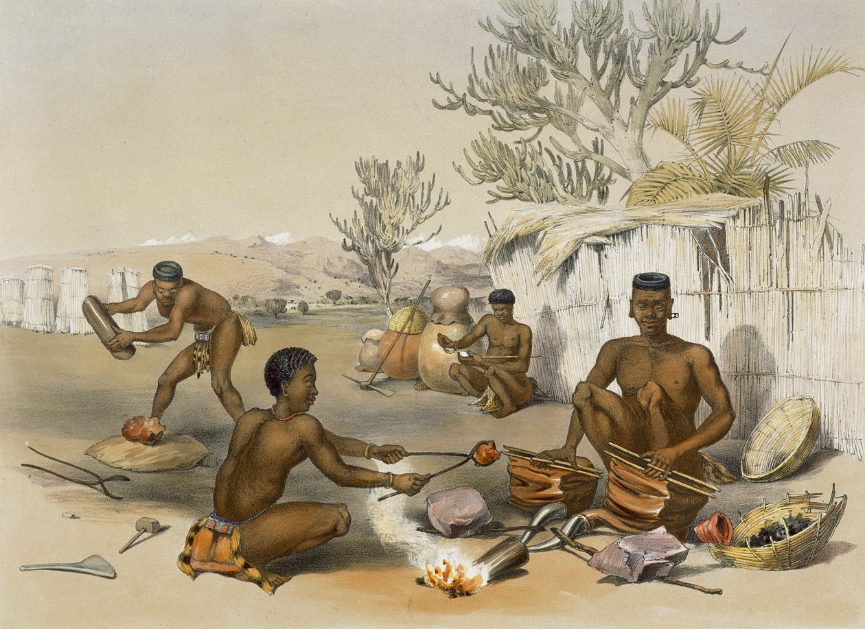 ज़ुलु ब्लैकस्मिथ्स एट वर्क, प्लेट 23 &39;द काफिर इलस्ट्रेटेड&39;, 1849 से द्वारा जॉर्ज फ्रेंच एंगस