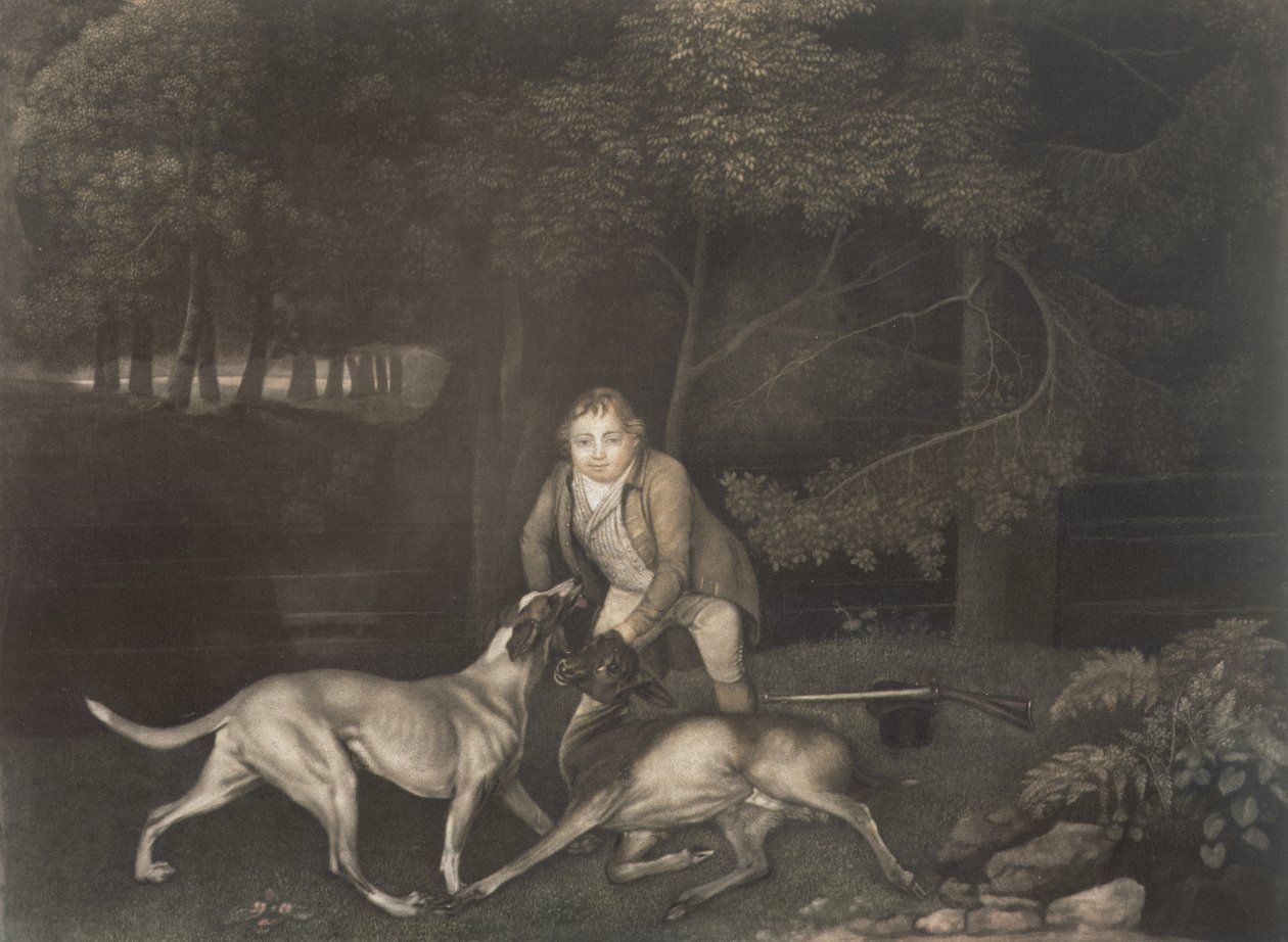 फ्रीमैन, कीपर टू द अर्ल ऑफ क्लेरेंडन, एक शिकारी और एक घायल डो के साथ, 1804 (मेज़ोटोट) द्वारा जॉर्ज स्टब्स