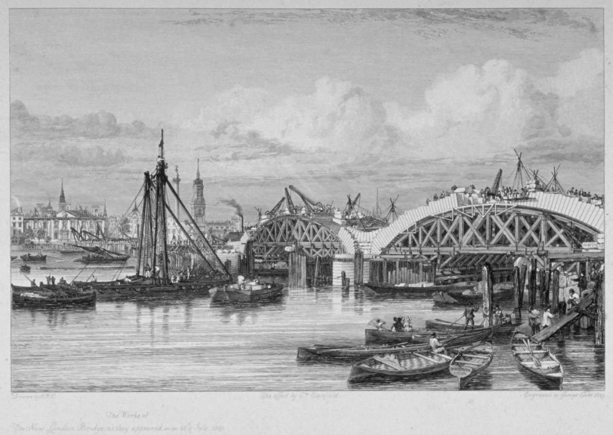निर्माणाधीन लंदन ब्रिज, 1827 द्वारा जॉर्ज कुक