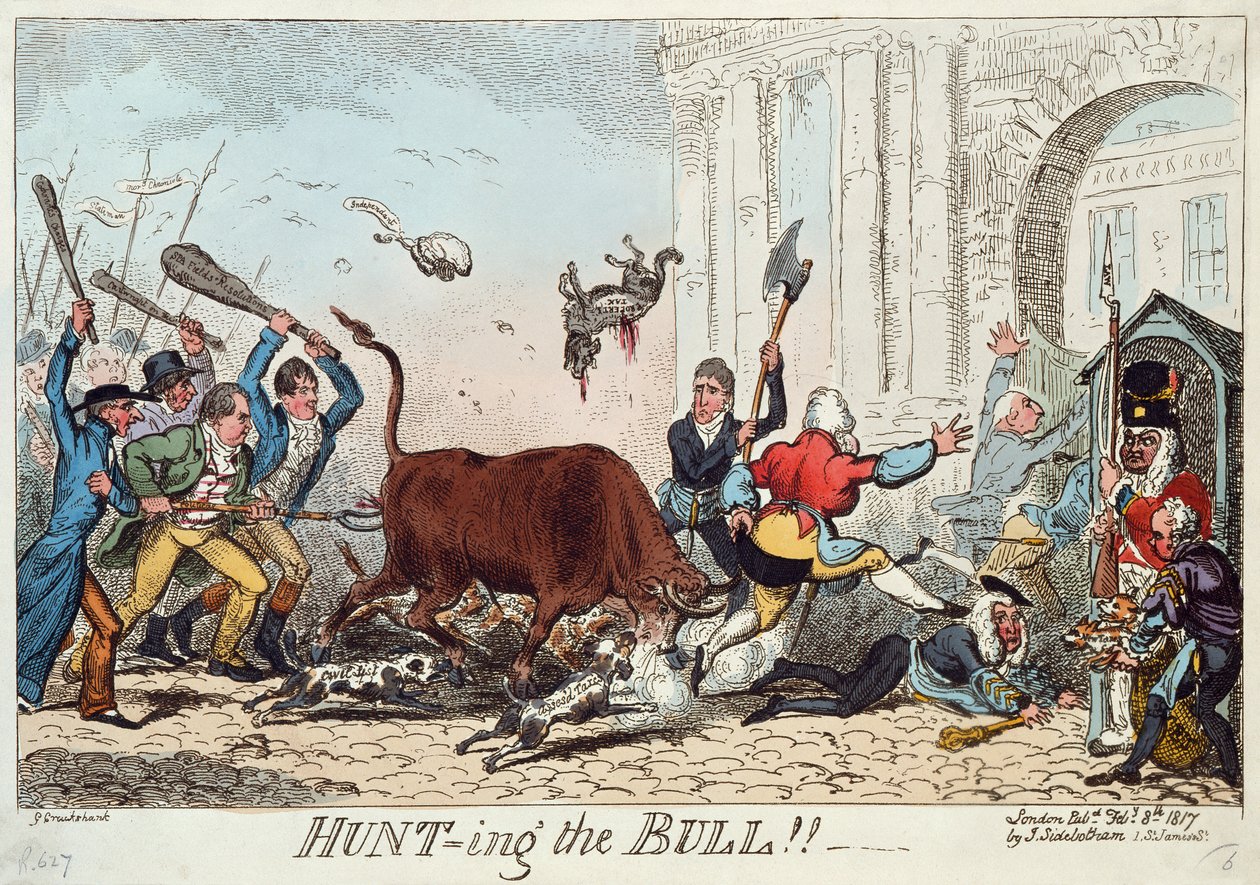 बुल का शिकार, 1817 (रंग नक़्क़ाशी) द्वारा जॉर्ज क्रूइशांक