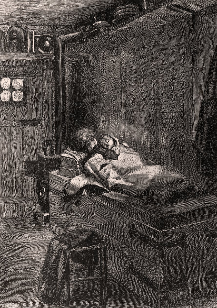 Gwynplaine और Dea एक छाती पर सो रहे हैं - L&39;Homme qui rit, 19 वीं शताब्दी (bw उत्कीर्णन) द्वारा जॉर्जेस मैरी रोशग्रोस