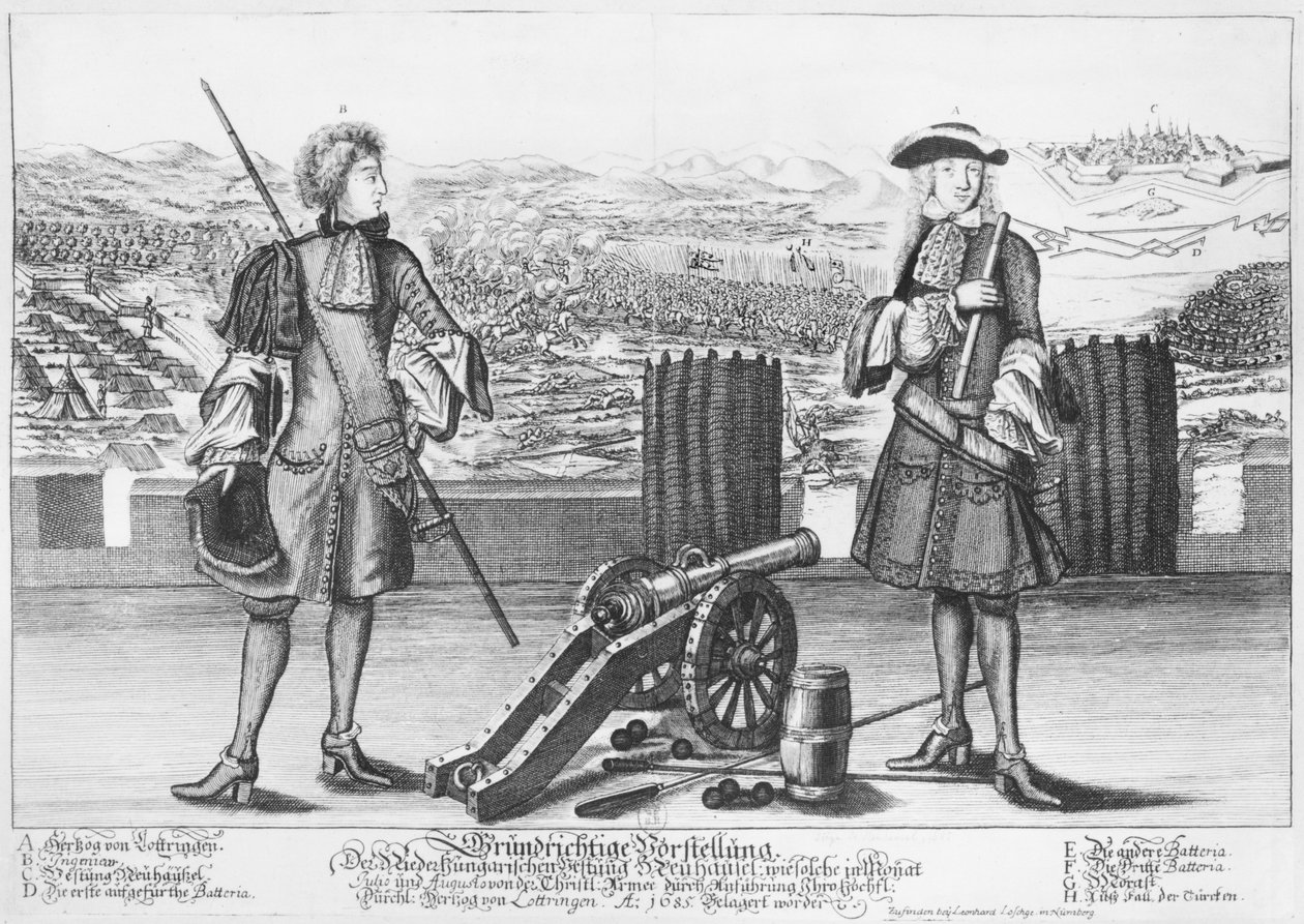चार्ल्स वी, लोरेन और बार के ड्यूक, एक इंजीनियर के साथ, जुलाई और अगस्त 1685 में तुर्क के खिलाफ न्यूरोहेल की लड़ाई द्वारा जर्मन स्कूल