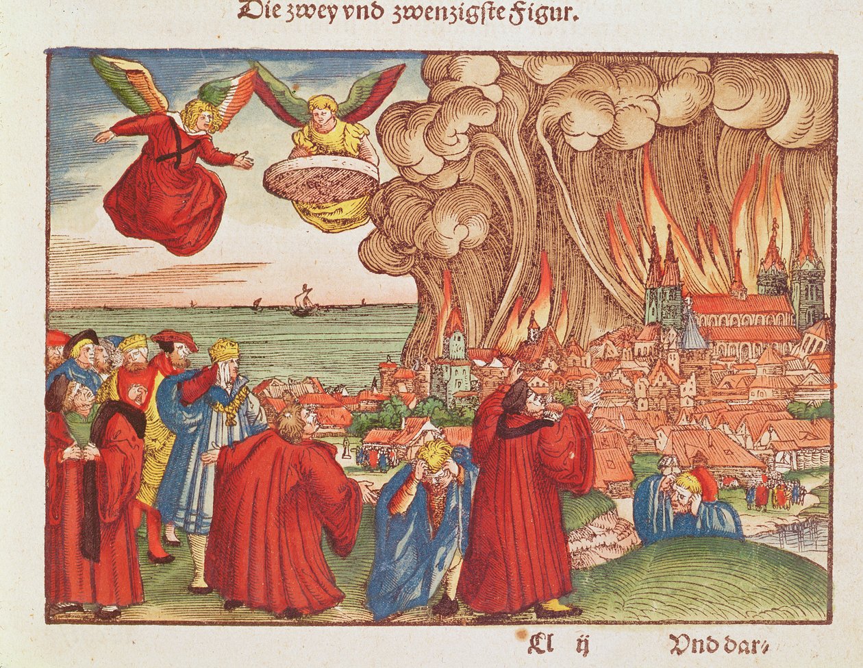 रहस्योद्घाटन 18: बाबुल जल रहा है, लूथर बाइबिल से पहला संस्करण, c.1530 (रंगीन लकड़हारा) द्वारा जर्मन स्कूल