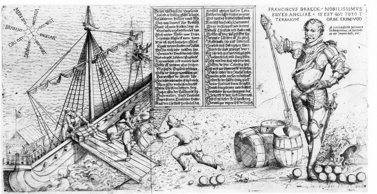 सर फ्रांसिस ड्रेक (c.1540-96) अपने जहाज के लोडिंग देखता है द्वारा जर्मन स्कूल