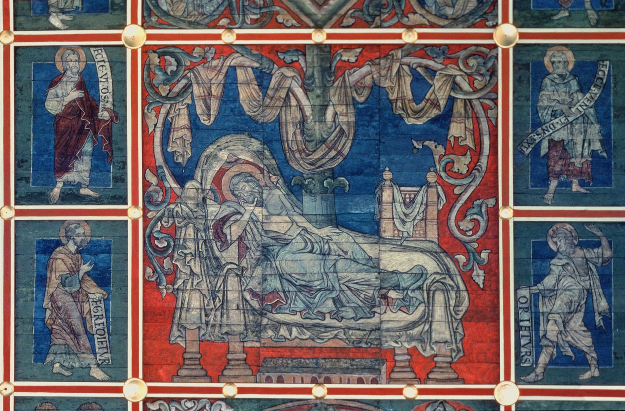 स्लीपिंग जेसी, ट्री ऑफ जेसी पेंटेड सीलिंग से विस्तार, c.1240-50 (पैनल पर टेम्परा) (112353 और 114784 भी देखें) द्वारा जर्मन स्कूल