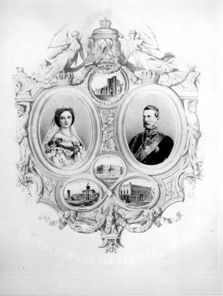 विक्टोरिया की शादी की स्मारिका, राजकुमारी रॉयल (1840-1901) और प्रशिया के क्राउन प्रिंस फ्रेडरिक विलियम (1831-88) 25 जनवरी 1858 द्वारा जर्मन स्कूल