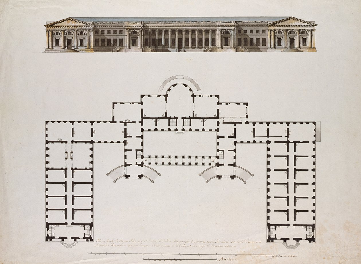 ज़ारको सेलो में अलेक्जेंडर पैलेस की उत्तर ऊँचाई और ग्राउंड प्लान, c.1780s (कलम और काले और भूरे रंग की स्याही, ग्रे वॉश और कागज पर wc) द्वारा जियाकोमो एंटोनियो डॉमेनिको क्वेर्नेगी
