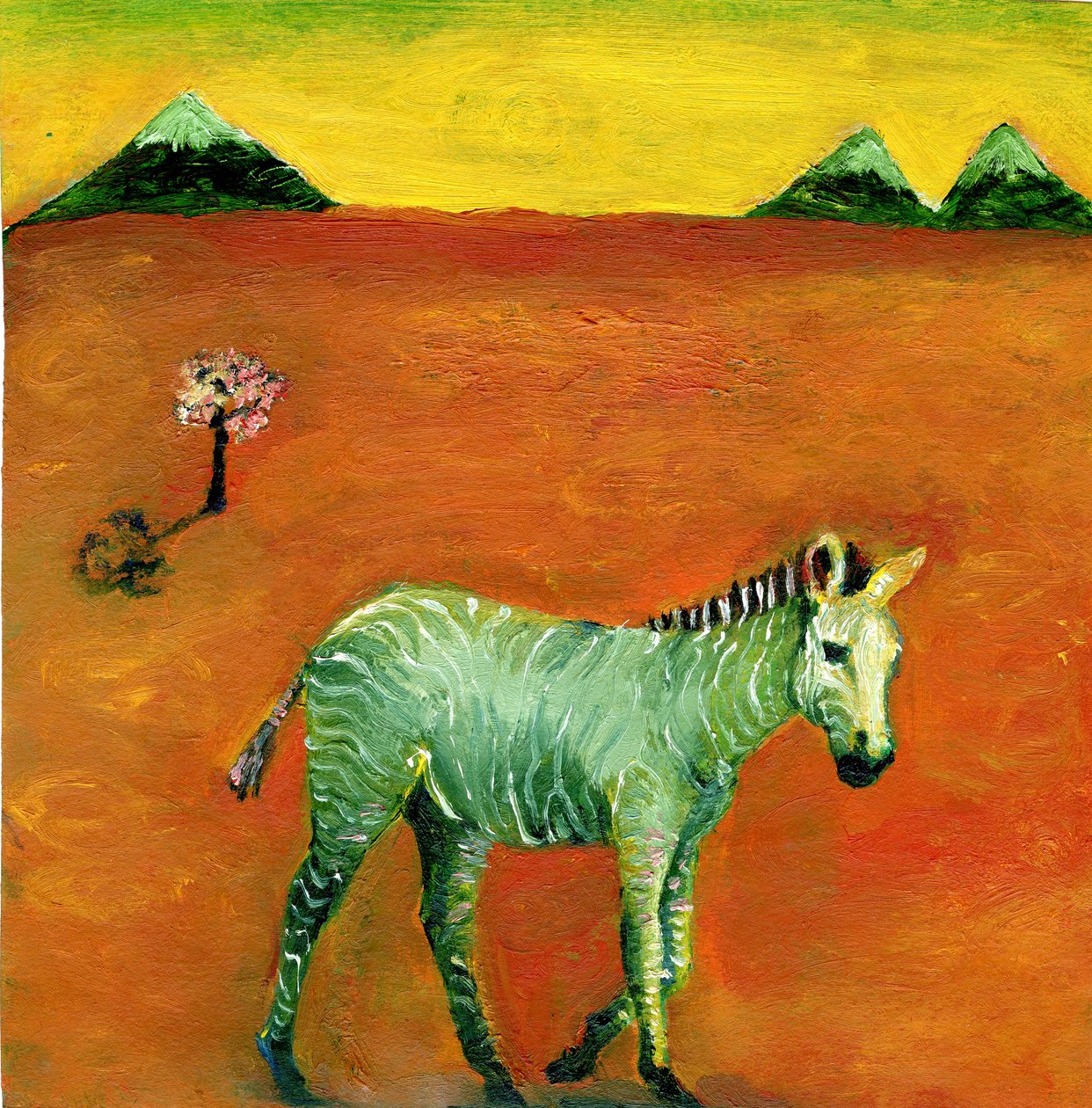 ग्रीन ज़ेबरा और चेरी ट्री, 2005, (कागज पर तेल) द्वारा गिगी सडबरी