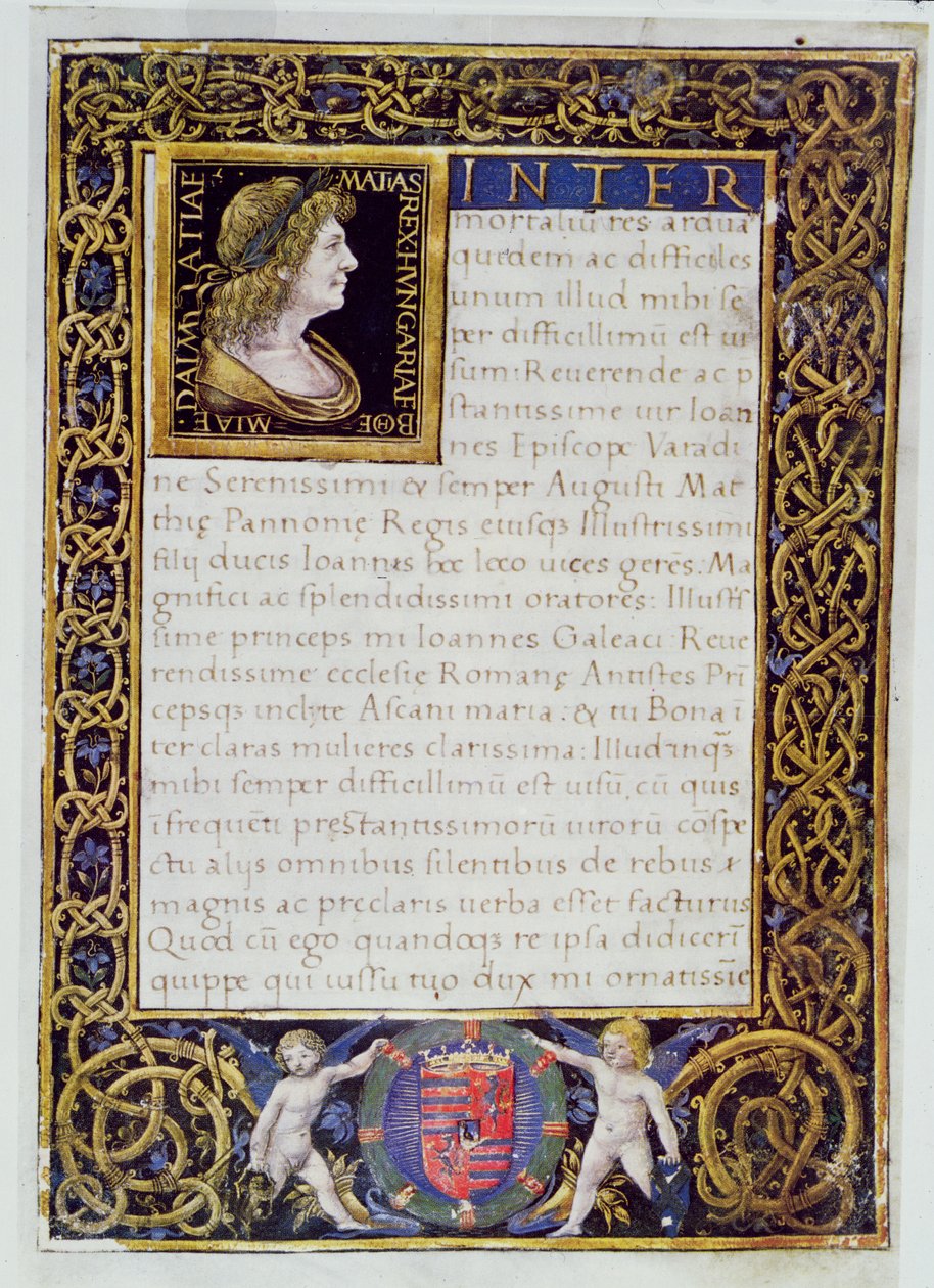 Matthias I (1440-90) Corvinus के चित्र के साथ एक कोडेक्स से पृष्ठ द्वारा जियोवन्नी एम्ब्रोगियो डी प्रेडिस