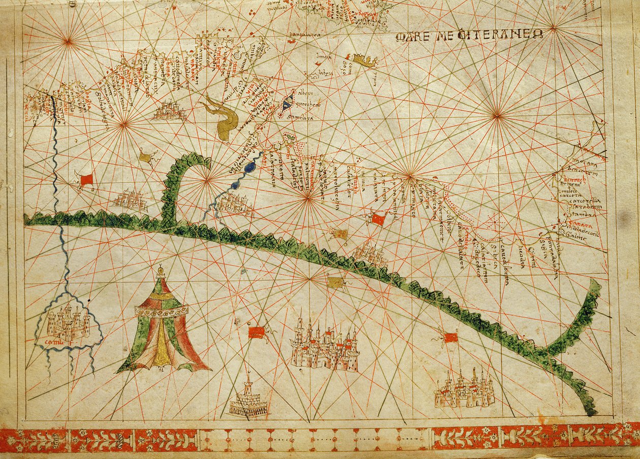 उत्तरी अफ्रीका, एक समुद्री एटलस से, 1520 (वेल्लम पर स्याही) (330916 से विस्तार) द्वारा जियोवानी ज़ेनोडोकस दा कोर्फू