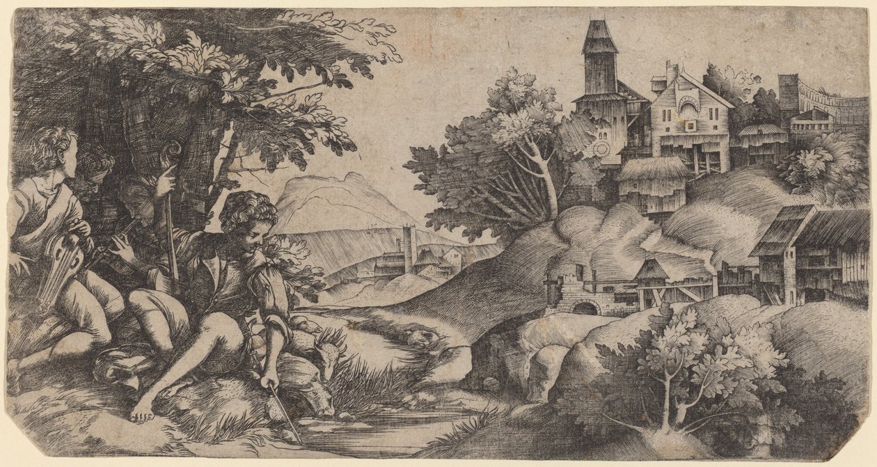 एक परिदृश्य में चरवाहे द्वारा Giulio Campagnola और Domenico Campagnola