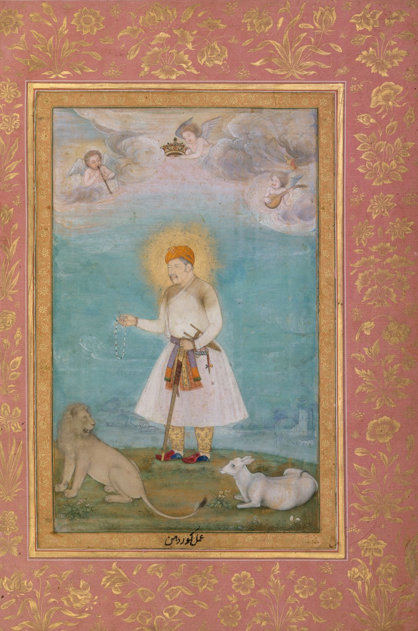 शेर और बछड़ा के साथ अकबर, c.1630 द्वारा गोवर्धन