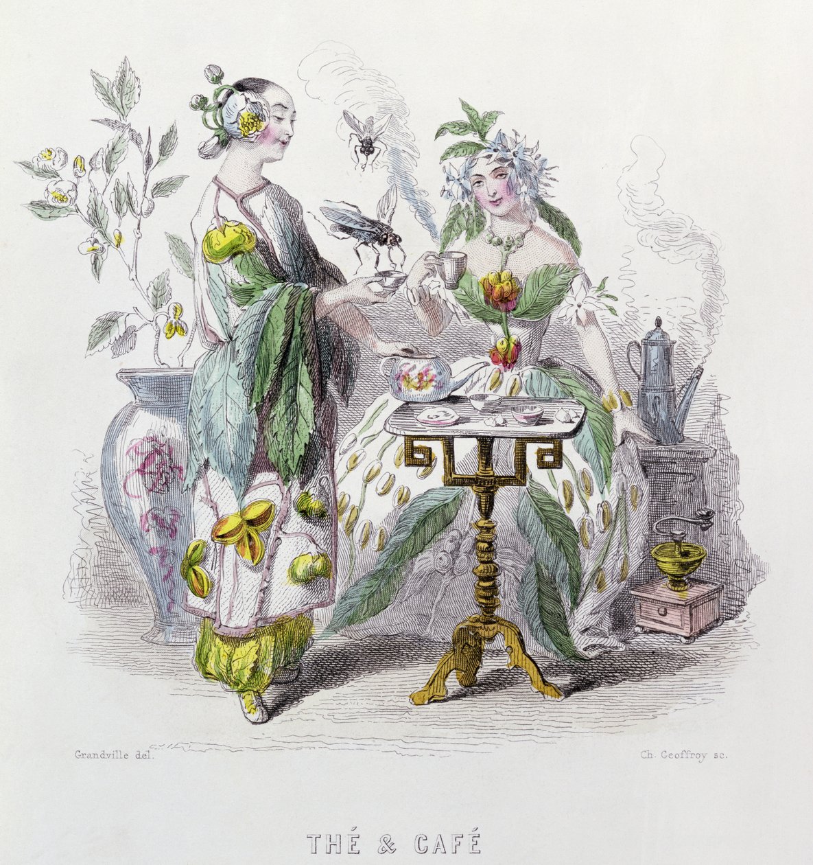 चार्ल्स जेफ्री (1819-82) 1847 द्वारा उत्कीर्ण &39;लेस फ्लेयर्स एनीमेस&39; से चाय और कॉफी द्वारा ग्रैंडविल