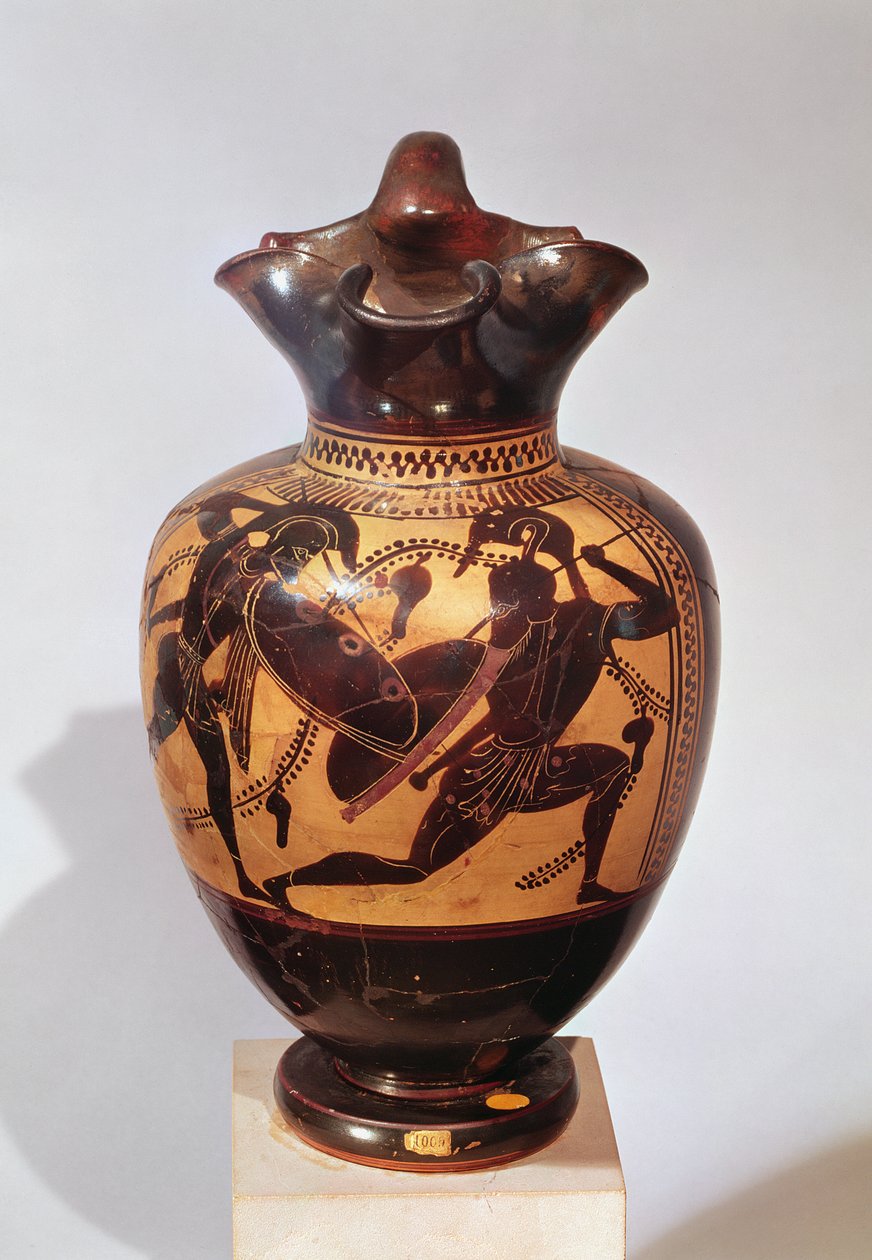 योद्धाओं के साथ सजाया गया काले रंग का ऑइनोचो, c.530-520 BC (सिरेमिक) द्वारा यूनानी
