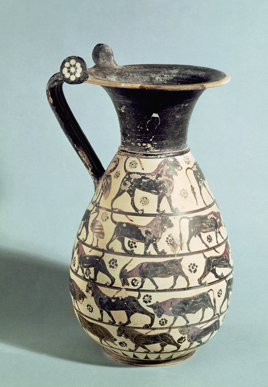 कोरिन्थियन ओइनोचो को वुलसी के शेरों से सजाया गया, c.530-520 ईसा पूर्व (सिरेमिक) द्वारा यूनानी