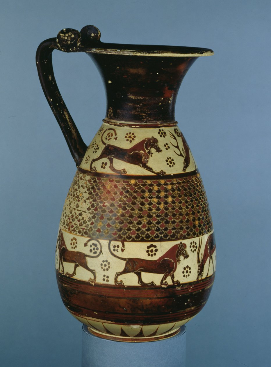 संक्रमणकालीन प्रोटोकोरिंथियन-कोरिंथियन ऑलप को कैमूर, रोड्स, c.640-625 ईसा पूर्व (चीनी मिट्टी) से एक पशु फ्राइज़ के साथ सजाया गया। द्वारा यूनानी